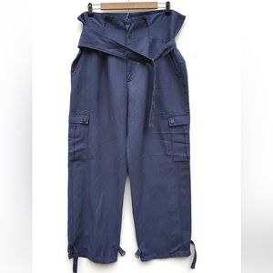 Zara Navy High Waisted Linen Blend Belted Cargo Pants Sz Medium